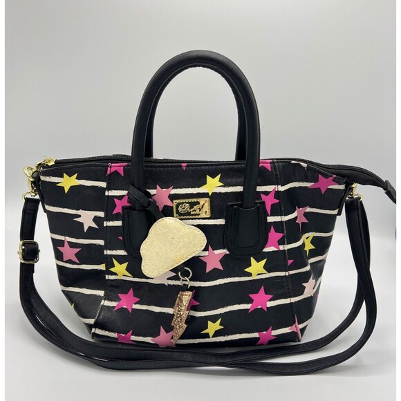 Luv Betsey by Betsey Johnson Satchel Star Print Striped Black White Pink Charm - Picture 1 of 16
